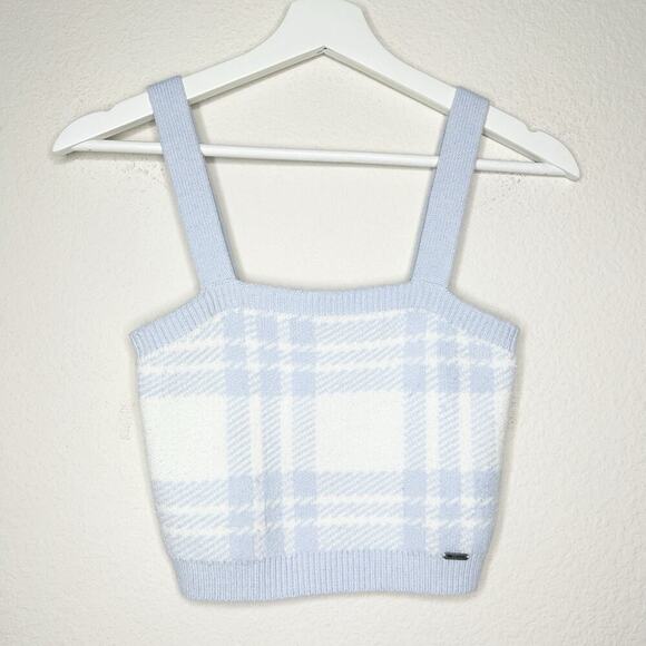 Hollister Cropped Blue and White Plaid Knit Tank Sz S - Picture 1 of 8
